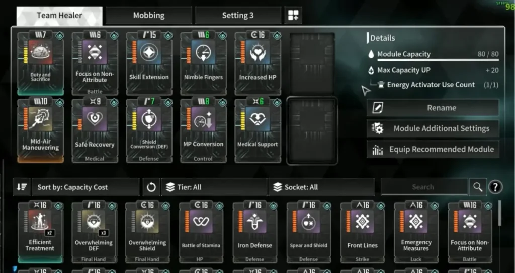 Team Healer settings