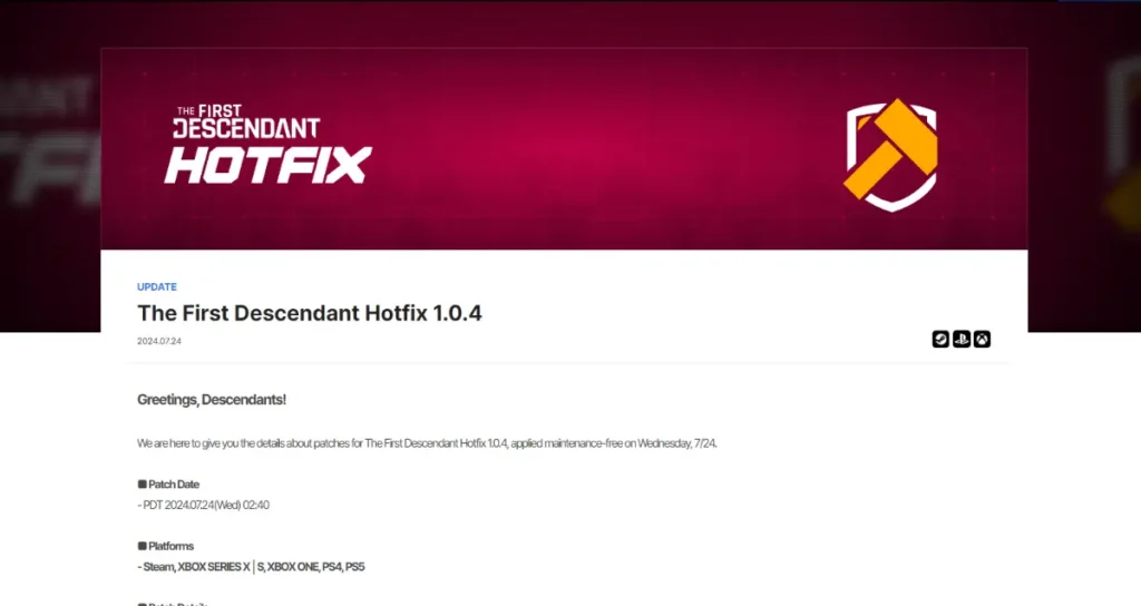 The First Descendant Incoming Hotfix 1.04