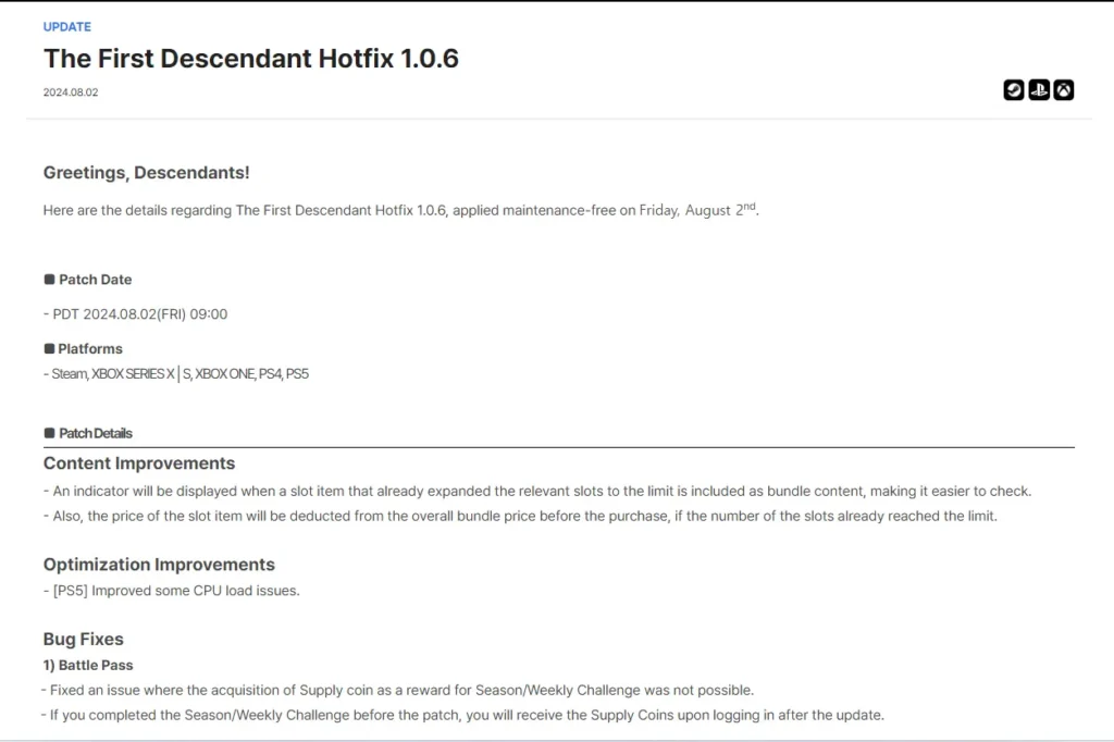 The First Descendant Hotfix 1.0.6