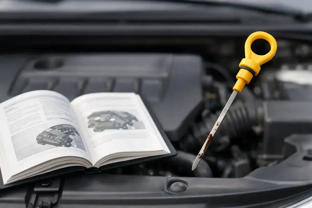 Car engine bay with manual and oil dipstick