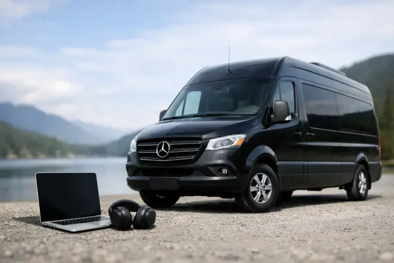 Black van by lake with laptop and headphones