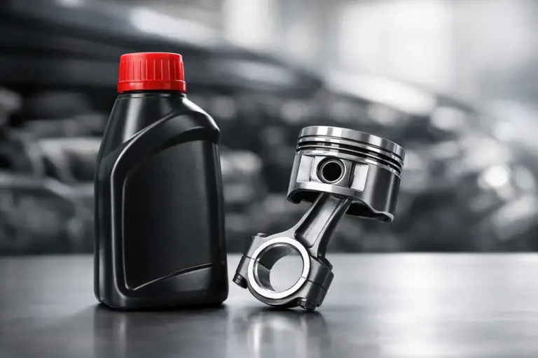 Motor oil bottle and engine piston