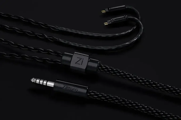 Close-up of a braided IEM cable and connectors