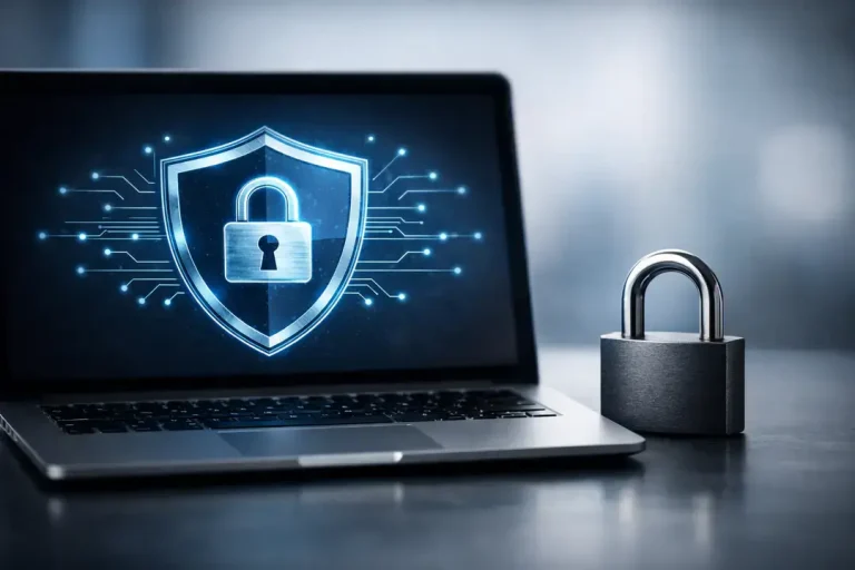 Laptop with digital shield and padlock