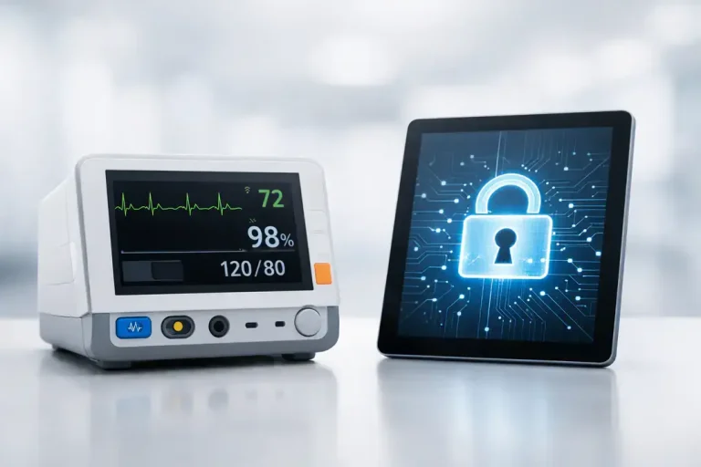 Patient monitor and tablet with lock icon