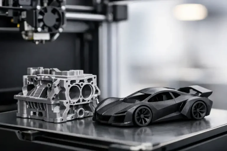 3D-printed engine block and car model
