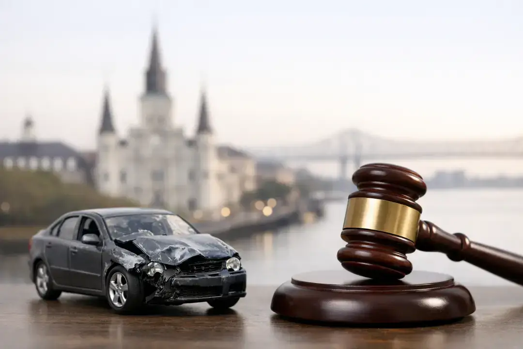 Damaged car model and judge's gavel