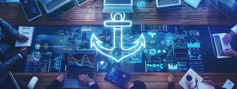 a group of professionals working together on laptops, surrounded by charts and graphs, with a large anchor symbolizing the jira connector for search by ba insight.