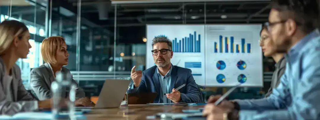 a group of business professionals gathered around a table with charts and graphs discussing the benefits of the jira connector for search by ba insight.