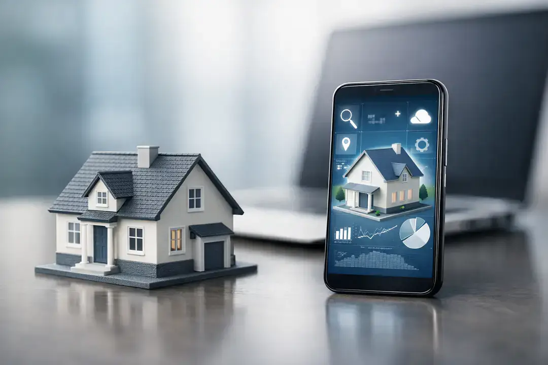 Model house beside phone with home app