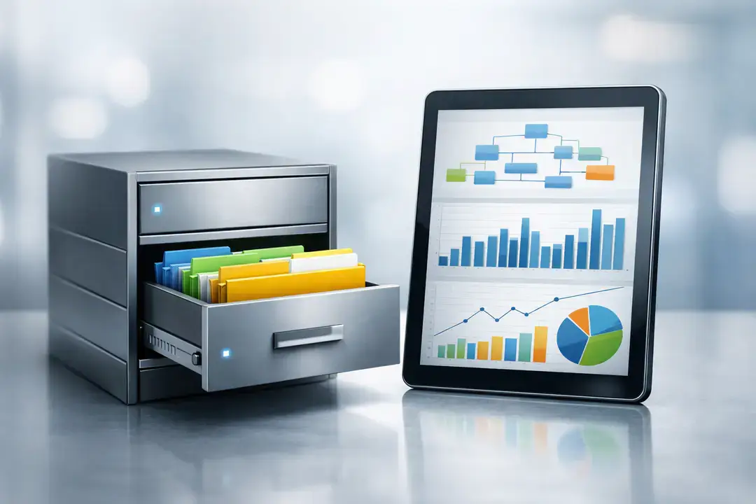 File cabinet and tablet with charts