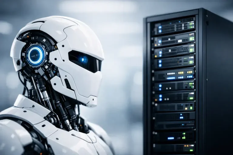 Humanoid robot beside server rack