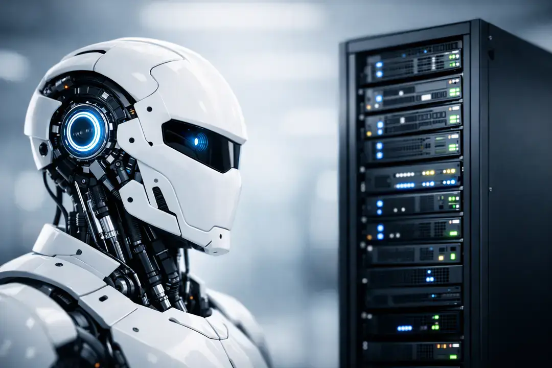 Humanoid robot beside server rack