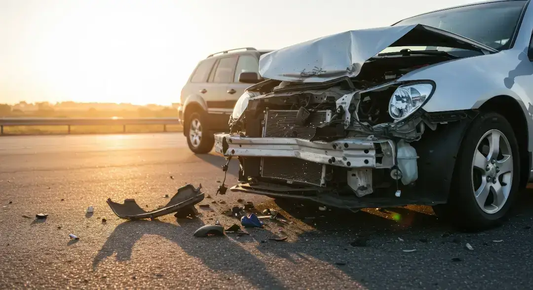 Damaged car after crash on highway
