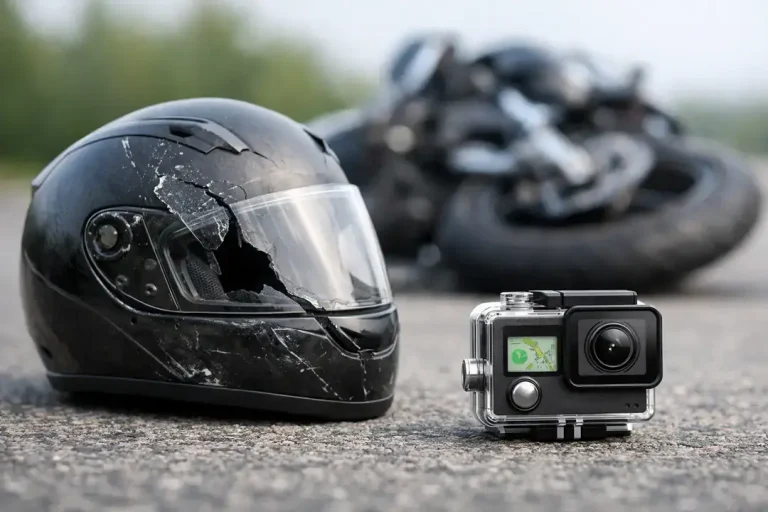 Cracked motorcycle helmet and action camera