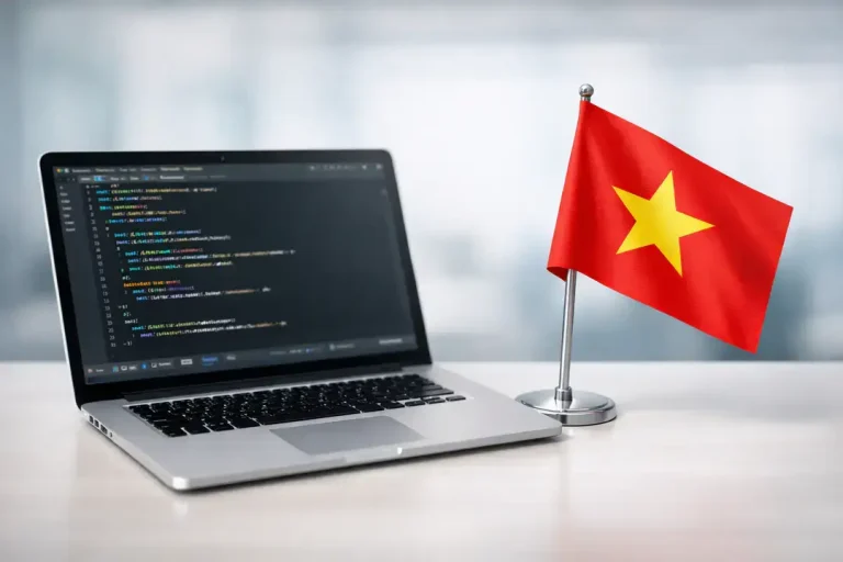 Laptop with code beside Vietnam flag