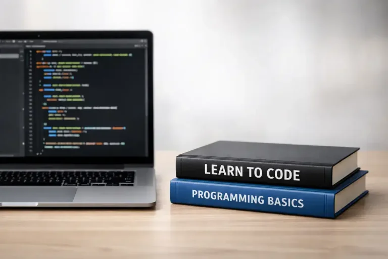 Laptop with code and programming books