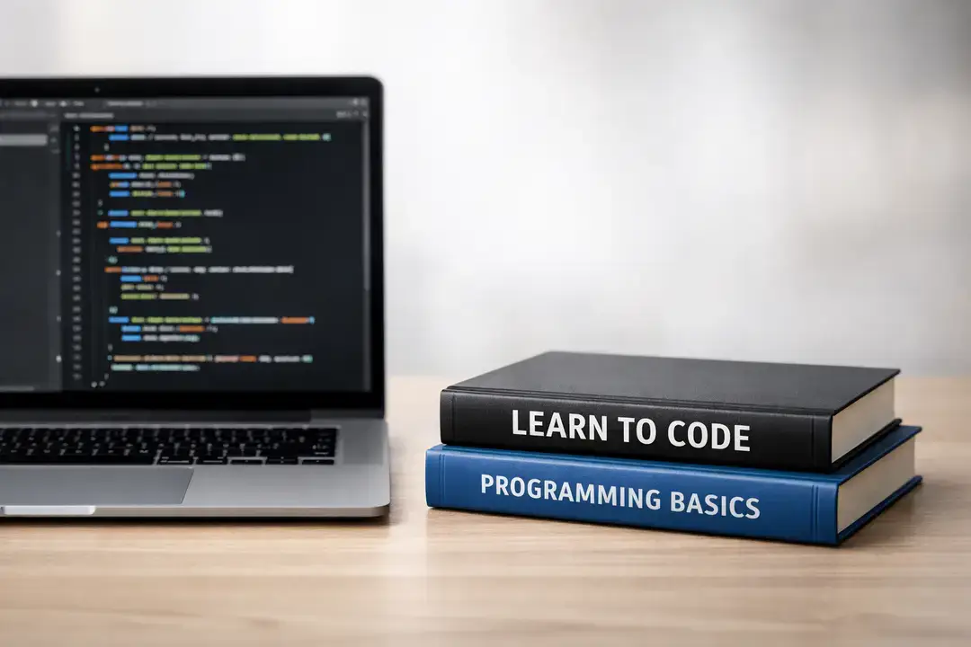 Laptop with code and programming books