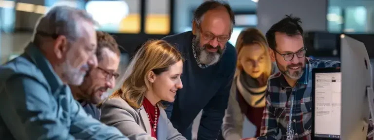 Team collaborating at computer in office