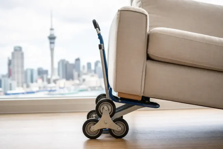 Sofa on stair-climbing dolly