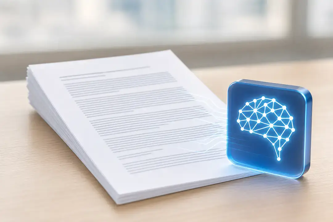 AI icon beside a stack of documents