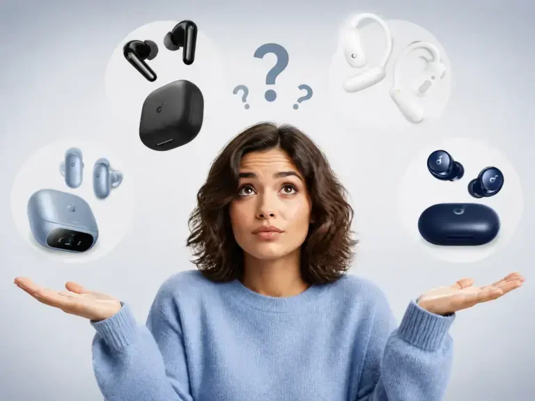 Woman comparing wireless earbuds