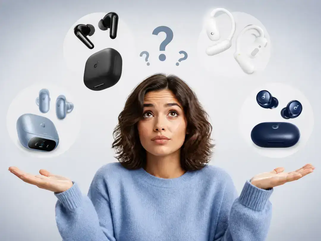 Woman comparing wireless earbuds