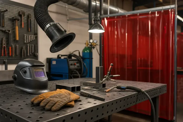Welding workstation with helmet and gloves