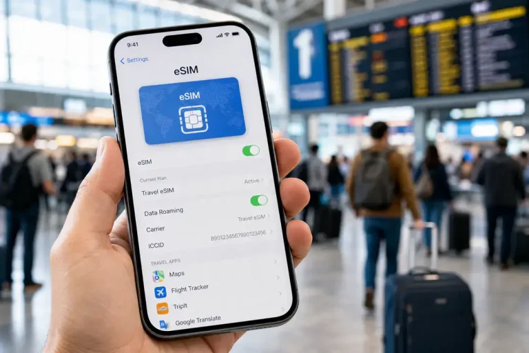 Phone showing travel eSIM at airport