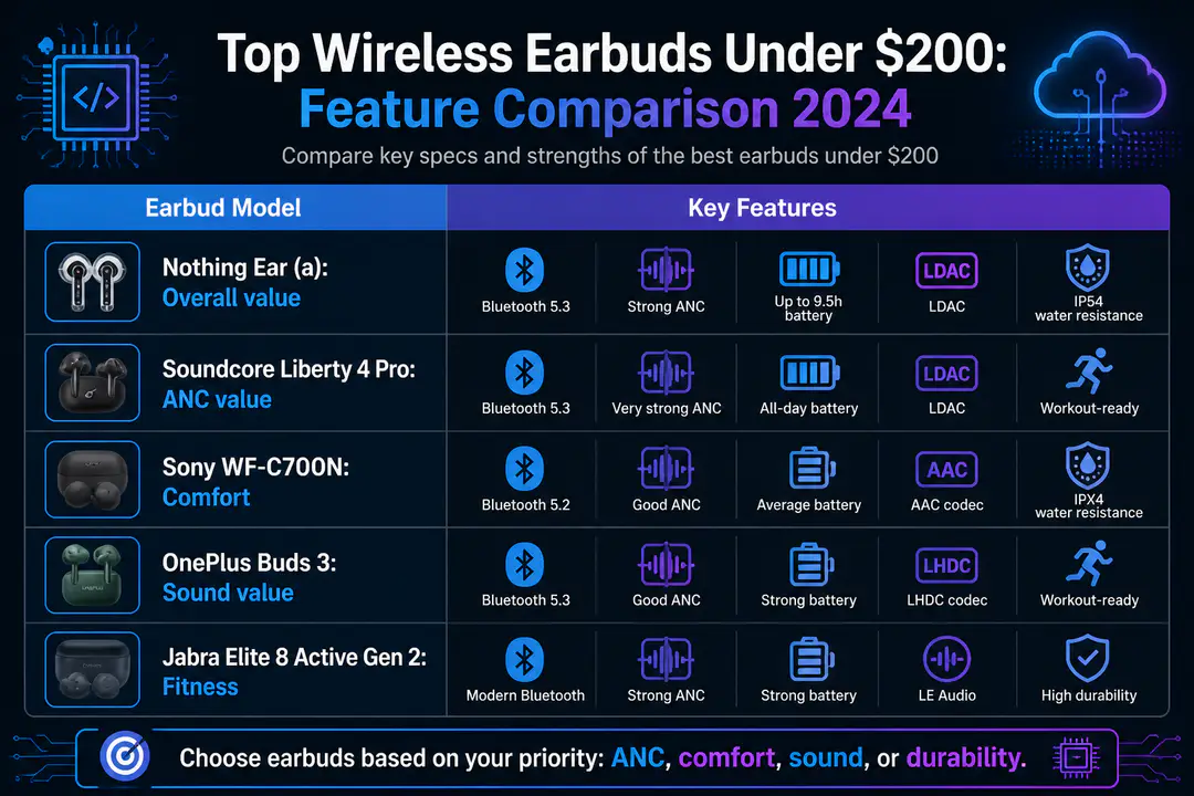 Top Wireless Earbuds Under $200: Feature Comparison 2024 Top Wireless Earbuds Under $200: Feature Comparison 2024
