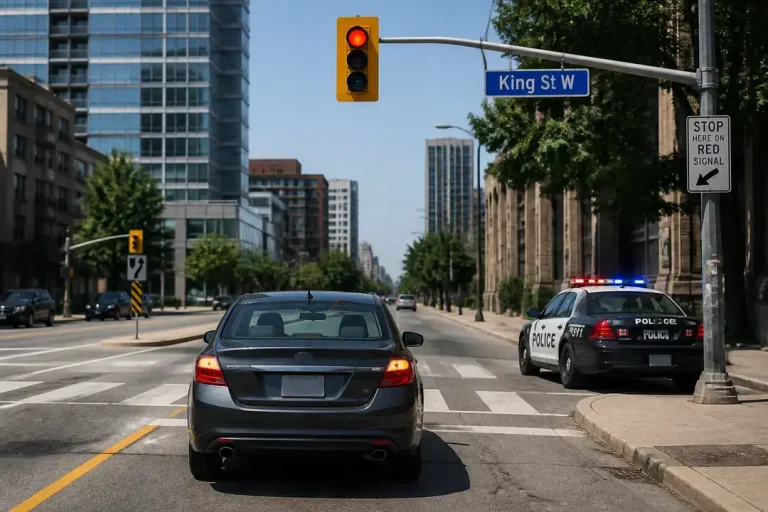Car stopped at red light by police car