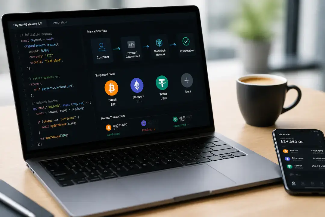 Laptop showing crypto payment dashboard