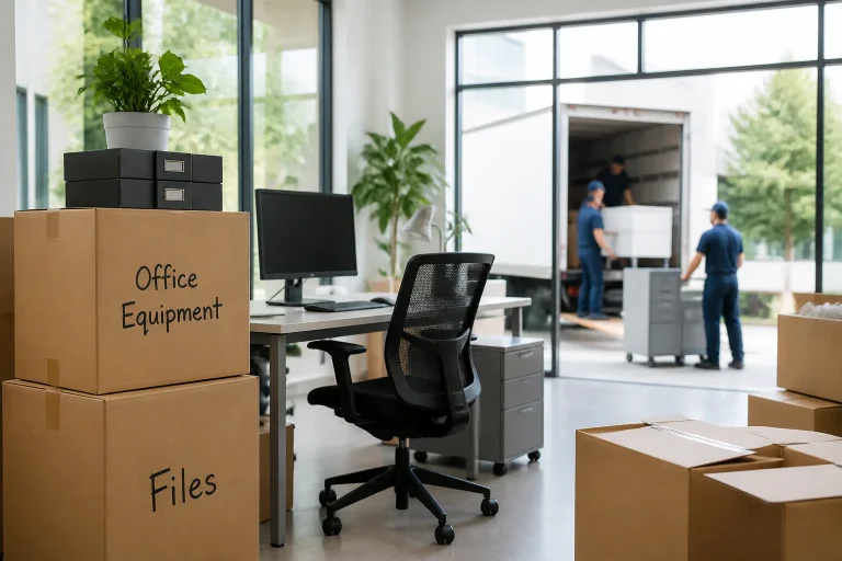 Office move with boxes and movers