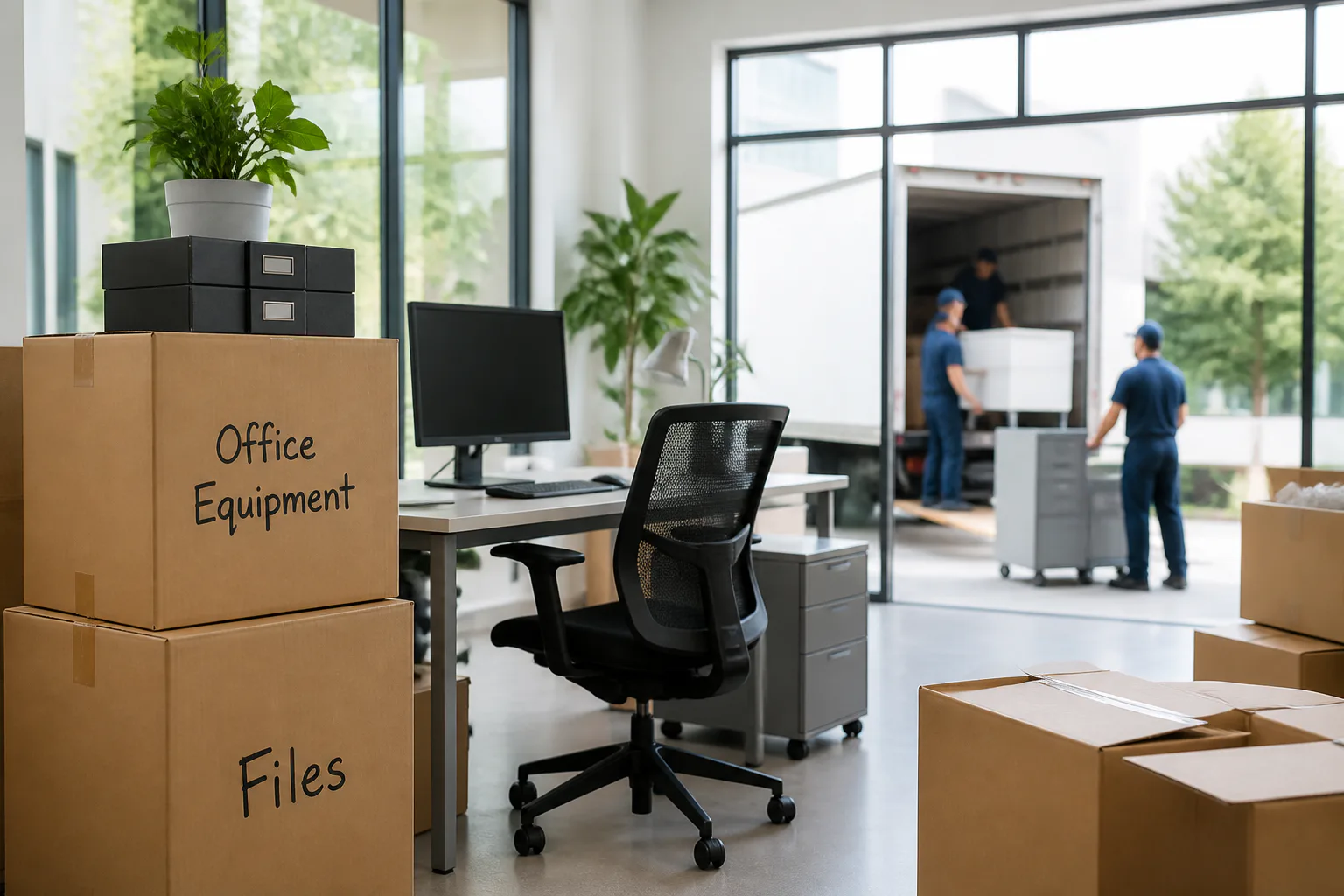 Office move with boxes and movers
