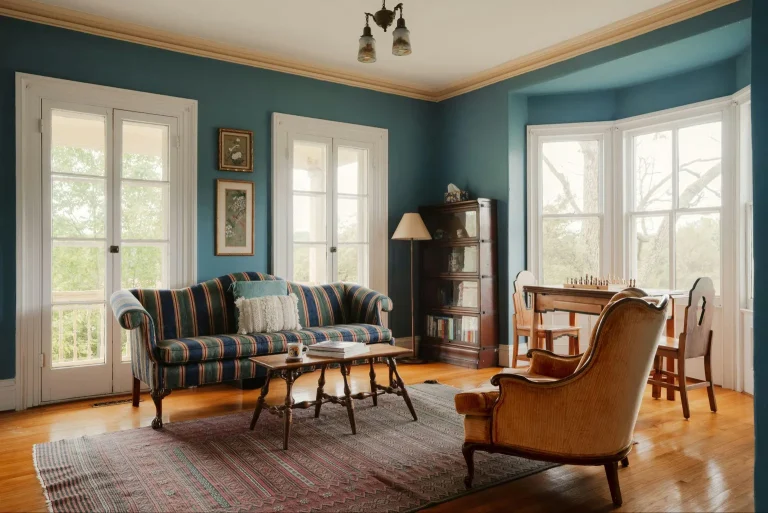 Blue living room with vintage furniture