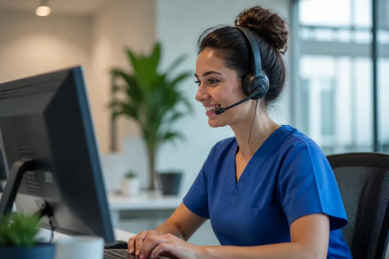 Nurse with headset at computer