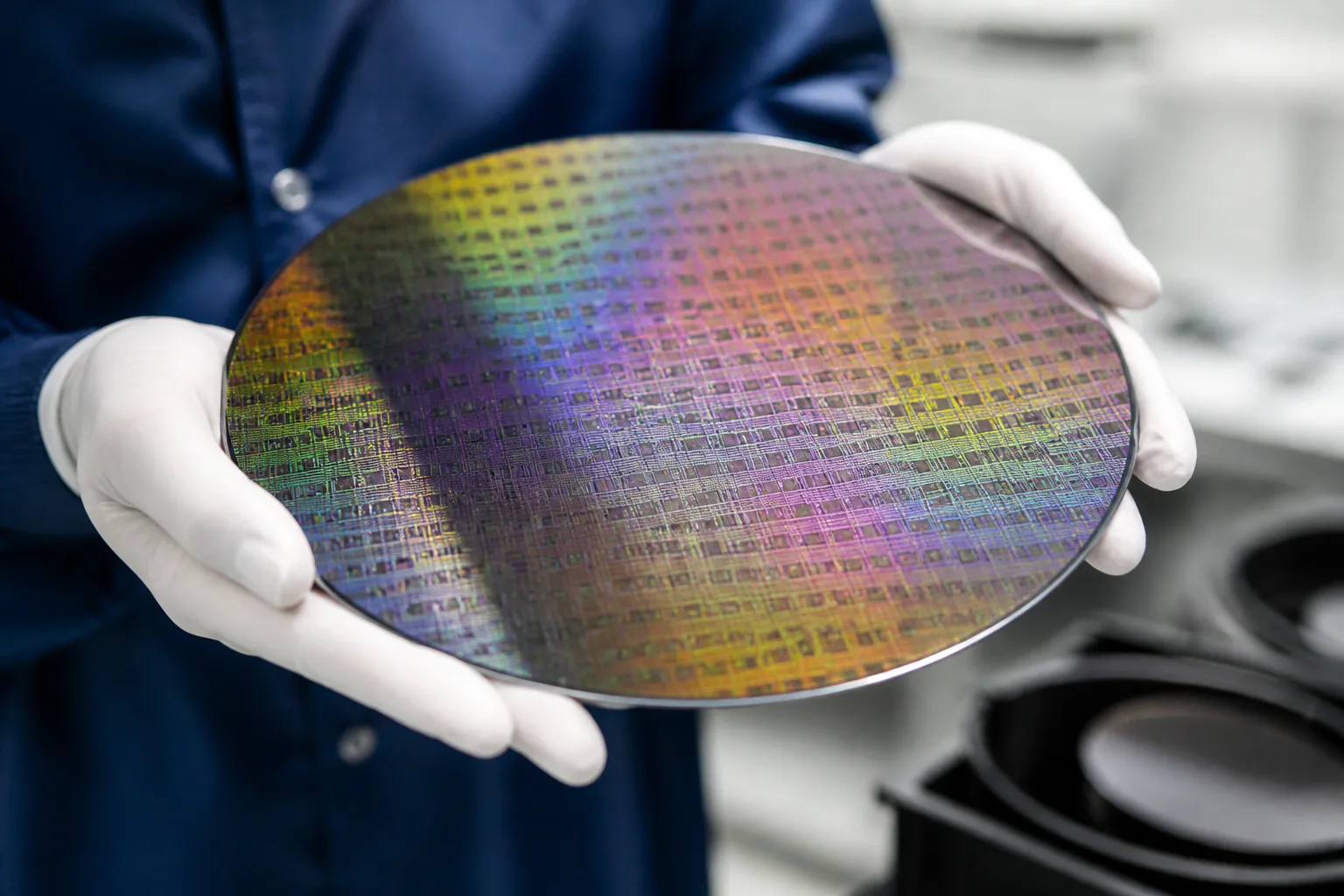 Gloved hands holding silicon wafer