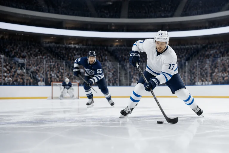 Ice hockey player skating with puck