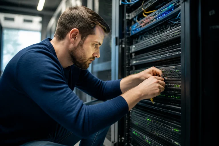 Technician working on server rack