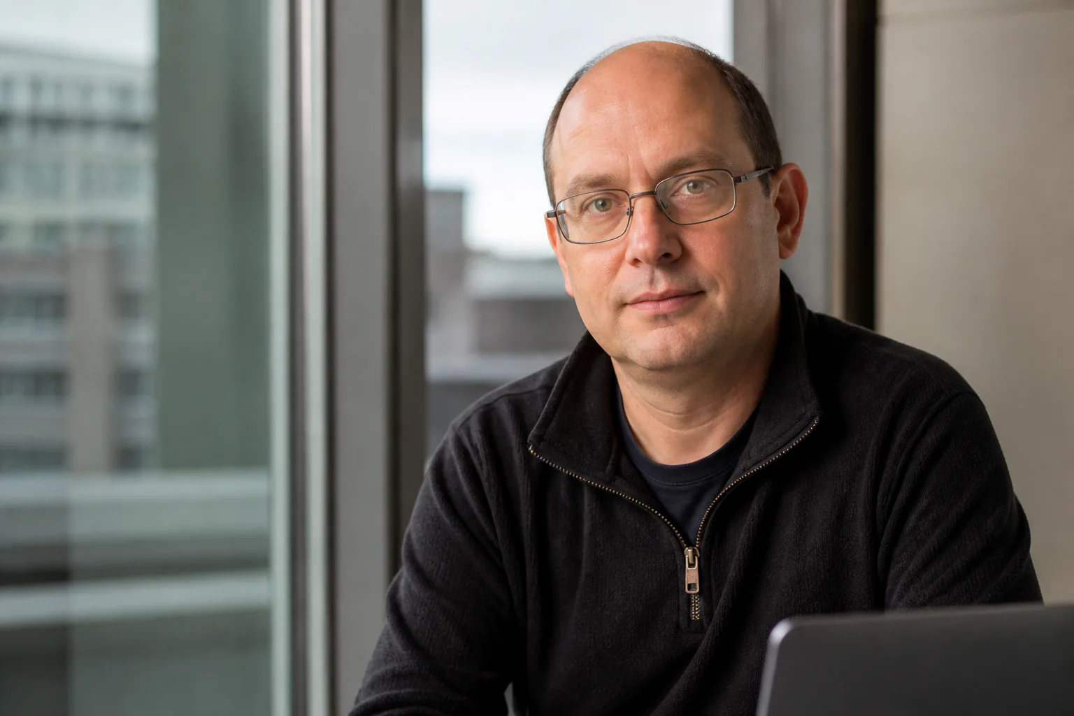 Man with glasses sitting by window