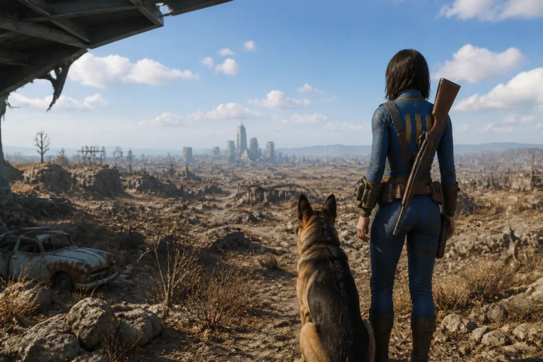 Woman and dog view ruined cityscape