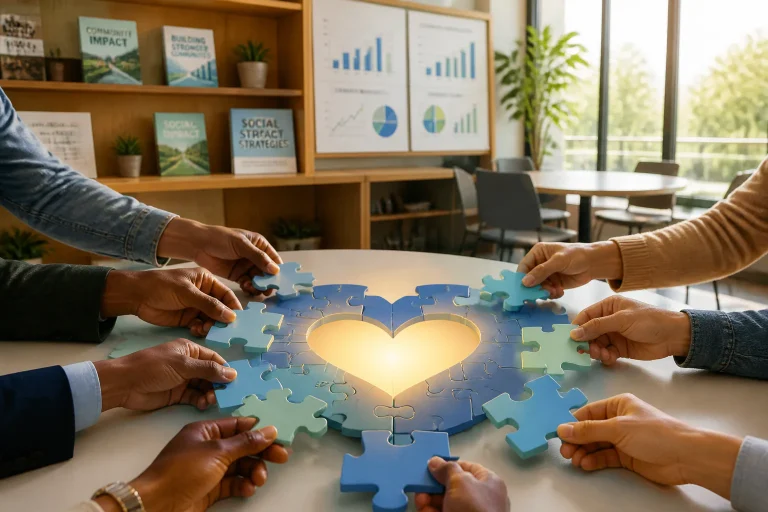 Hands assembling heart-shaped puzzle