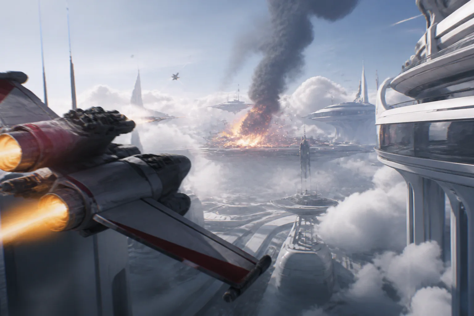 Spaceship over futuristic city explosion