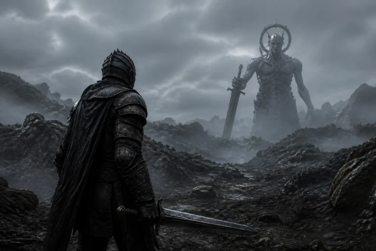 Armored knight faces giant dark figure