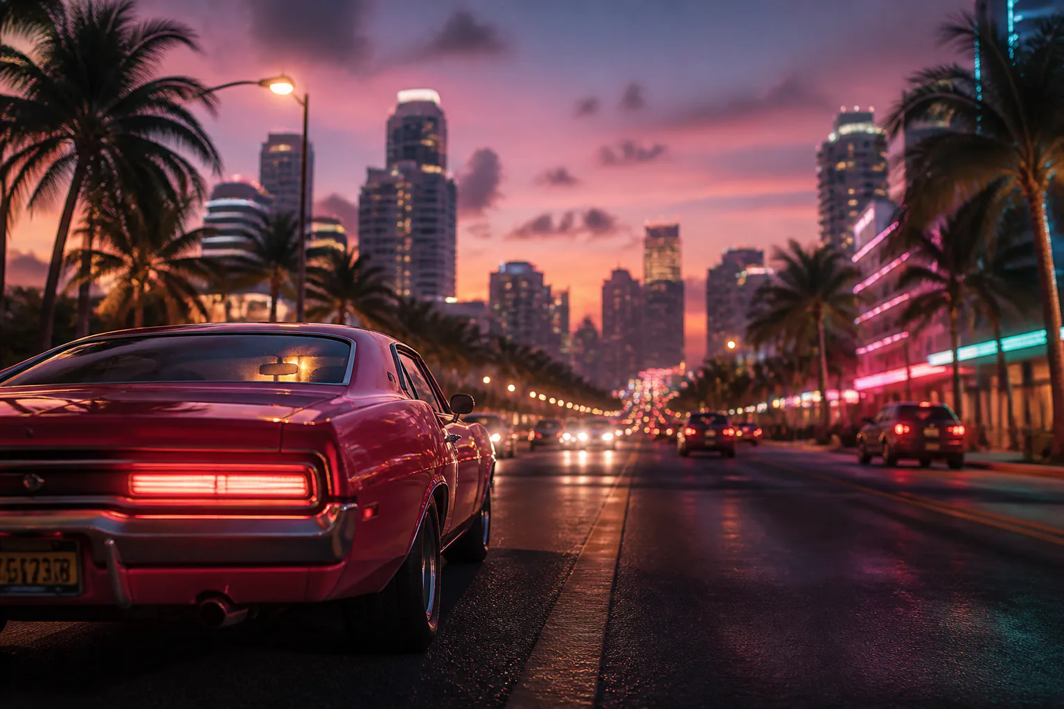 Classic car on neon-lit city street at dusk