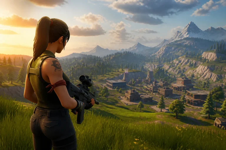 Game character overlooking mountain town