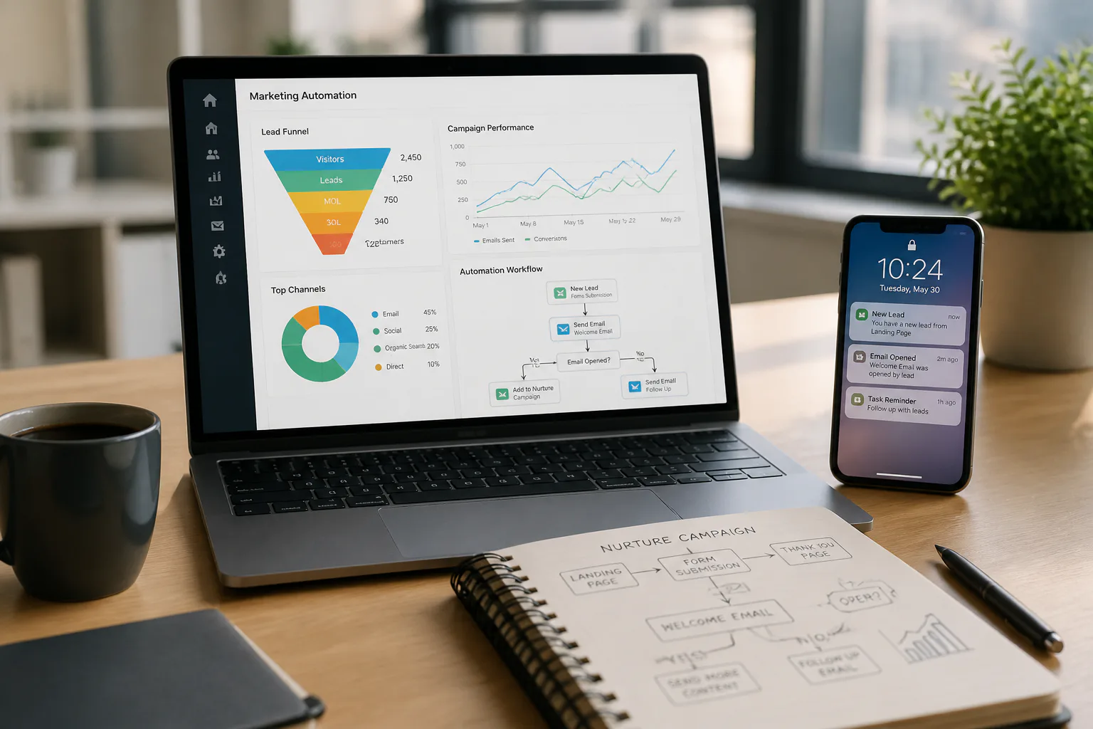 Marketing automation dashboard on laptop