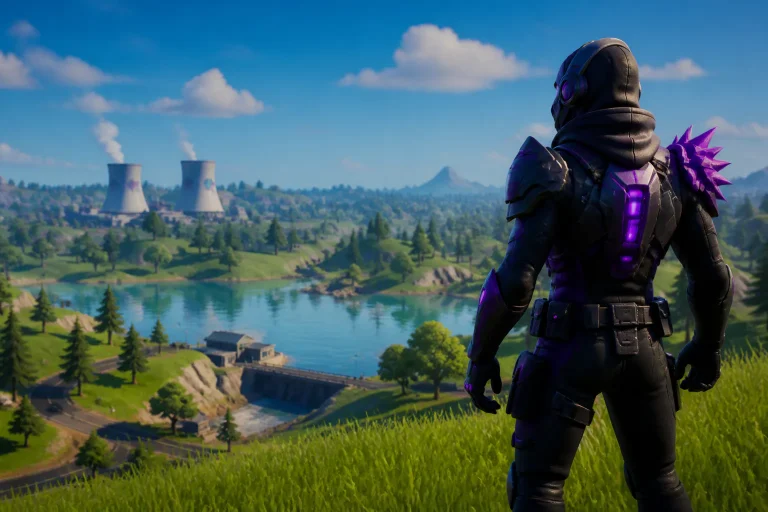 Armored game character overlooking a lake