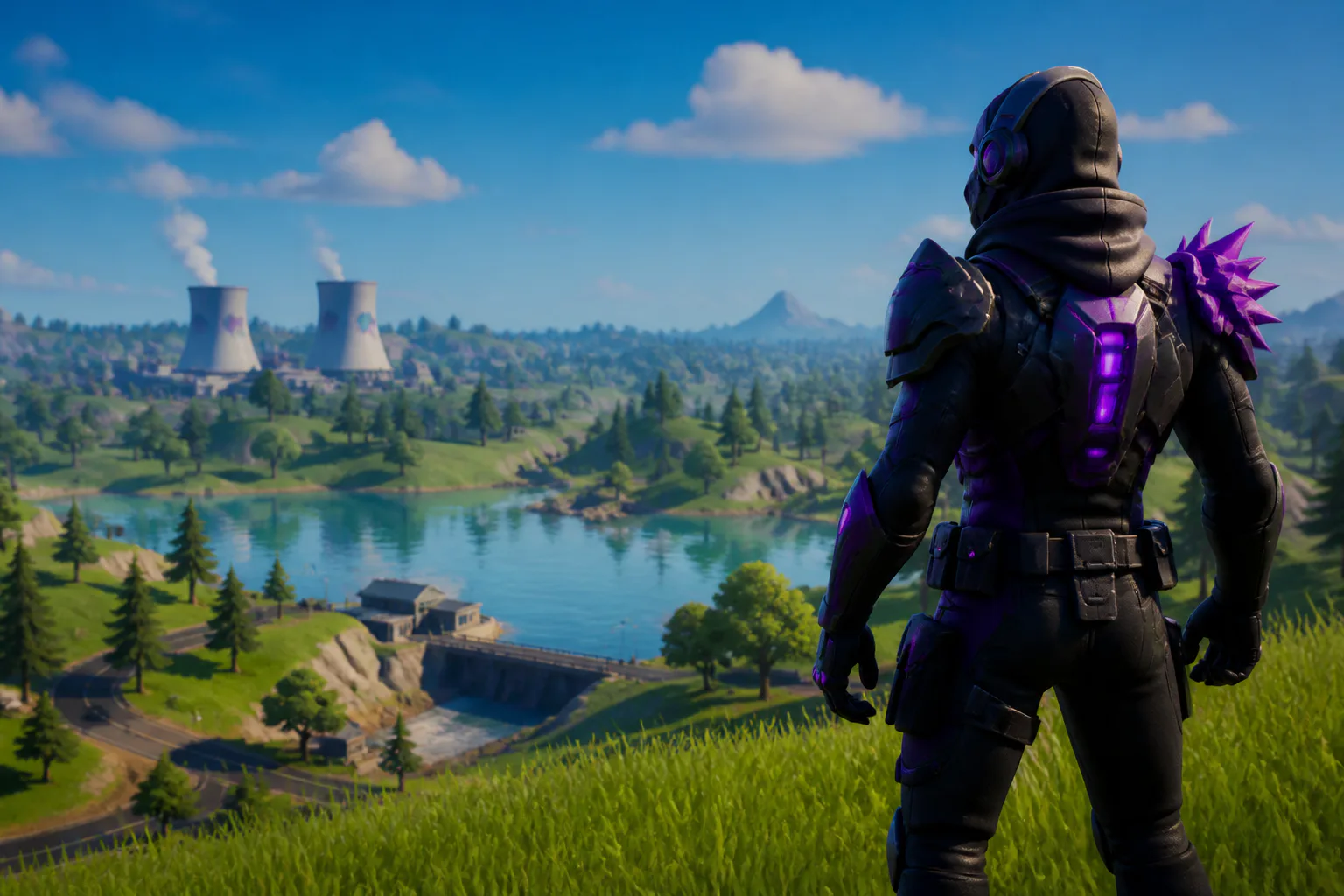 Armored game character overlooking a lake
