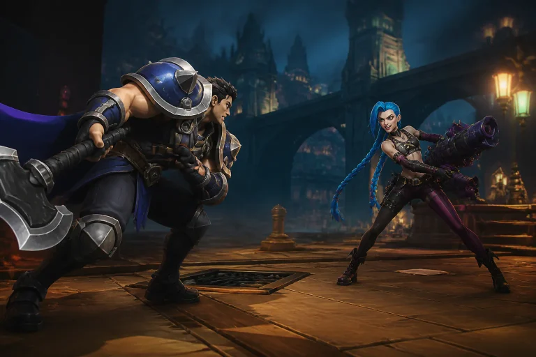 Game characters facing off at night